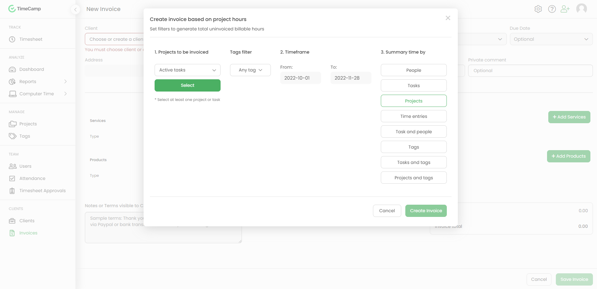 Timecamp invoice